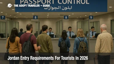 Travelers queue at Amman airport passport control, showing passports that reflect Jordan entry requirements for tourists.