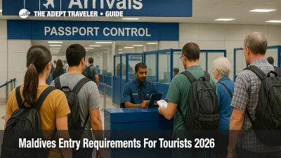 Travelers queue calmly at Maldives passport control, presenting documents that match Maldives tourist entry requirements.