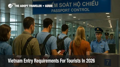 Travelers queue at Vietnam airport passport control, showing documents that illustrate Vietnam entry rules for tourists.