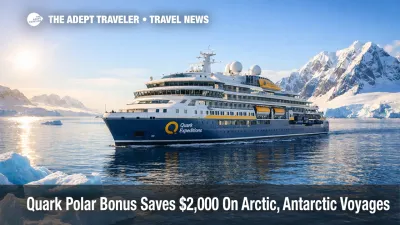 Quark Polar Bonus polar voyages, expedition ship in Antarctic waters, highlighting limited time savings through February 28, 2026