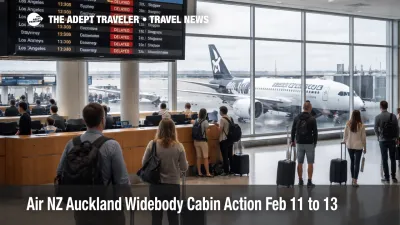 Air NZ cabin crew action warning on departures board at Auckland International Airport as widebody flights face disruption