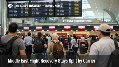 Middle East flight recovery at Dubai International shows mixed departure boards and moderate queues under reduced operations.